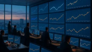 Salle des marchés avec écrans affichant courbes de taux et indices actions
