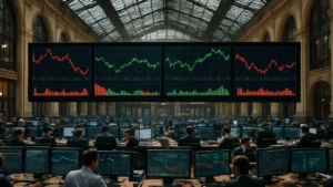 Salle des marchés européenne avec écrans de cotations sectorielles contrastées