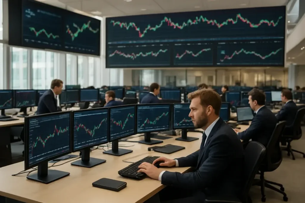 Salle des marchés européenne avec écrans d'indices et traders en activité