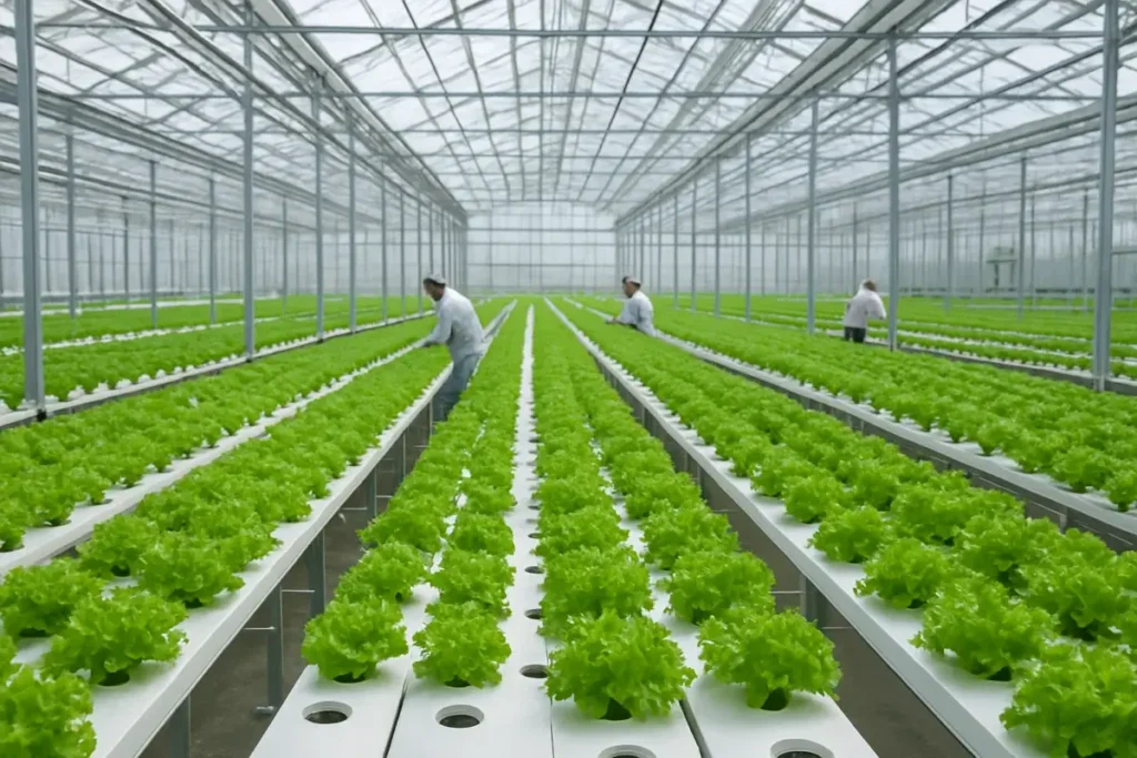 Serre hydroponique moderne symbolisant l'agriculture efficiente en ressources naturelles