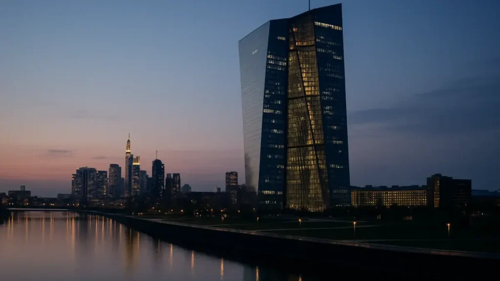Siège de la BCE à Francfort au crépuscule, façade en verre