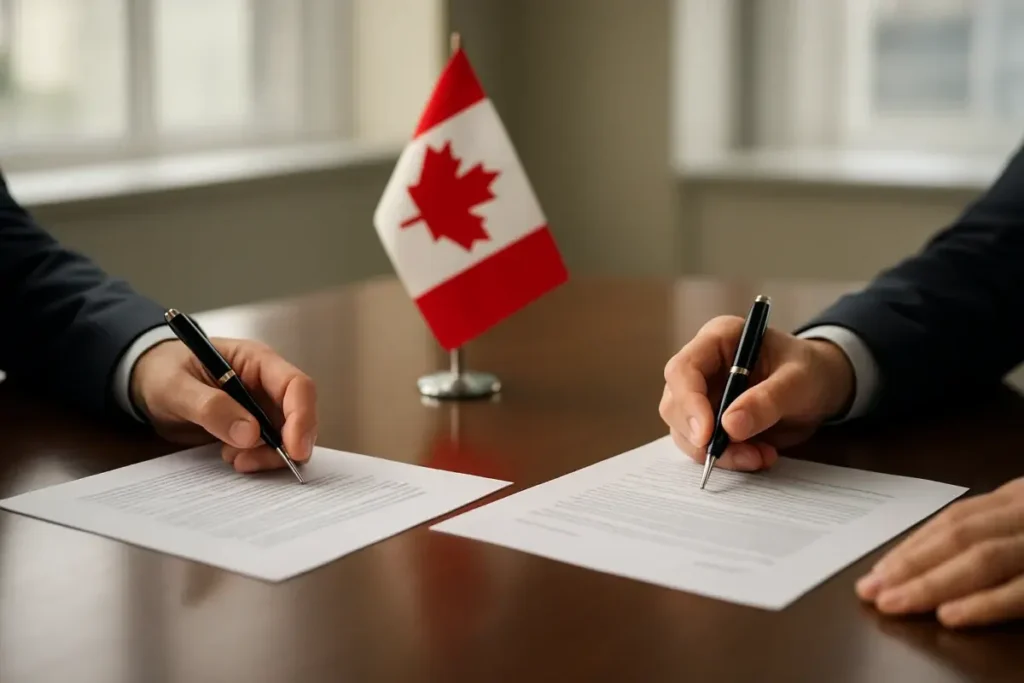 Signature d'un contrat immobilier international lors d'une cérémonie officielle
