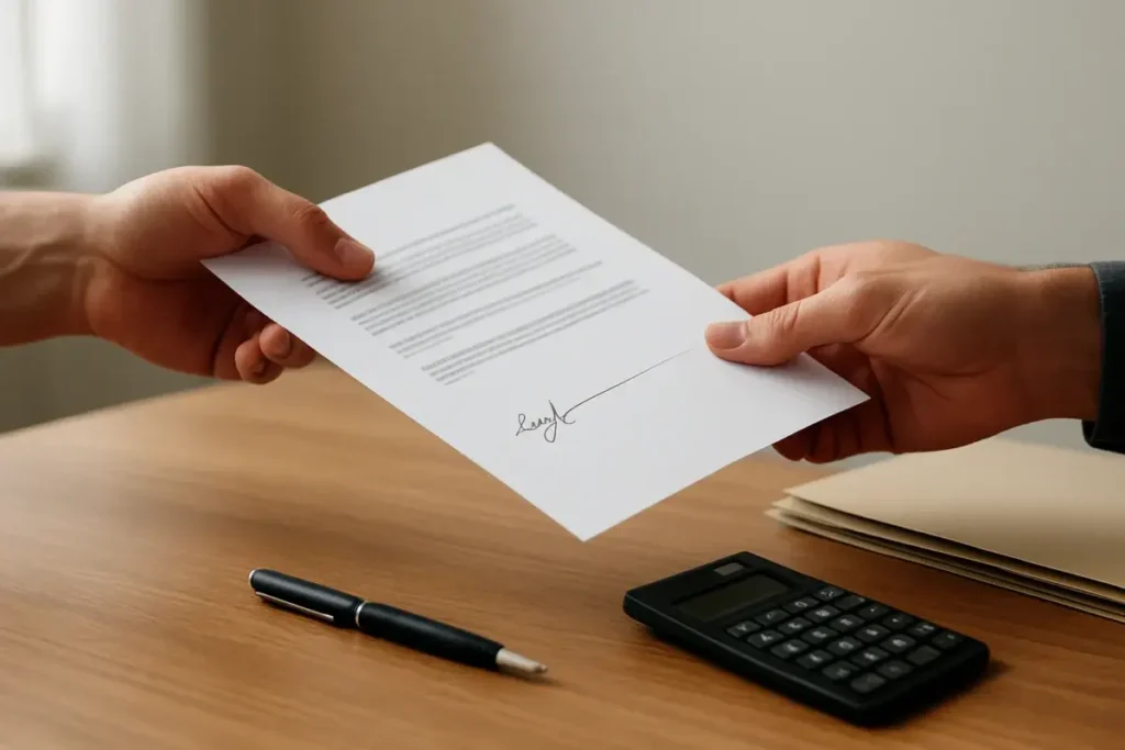 Signature d'un document de souscription sur un bureau en bois