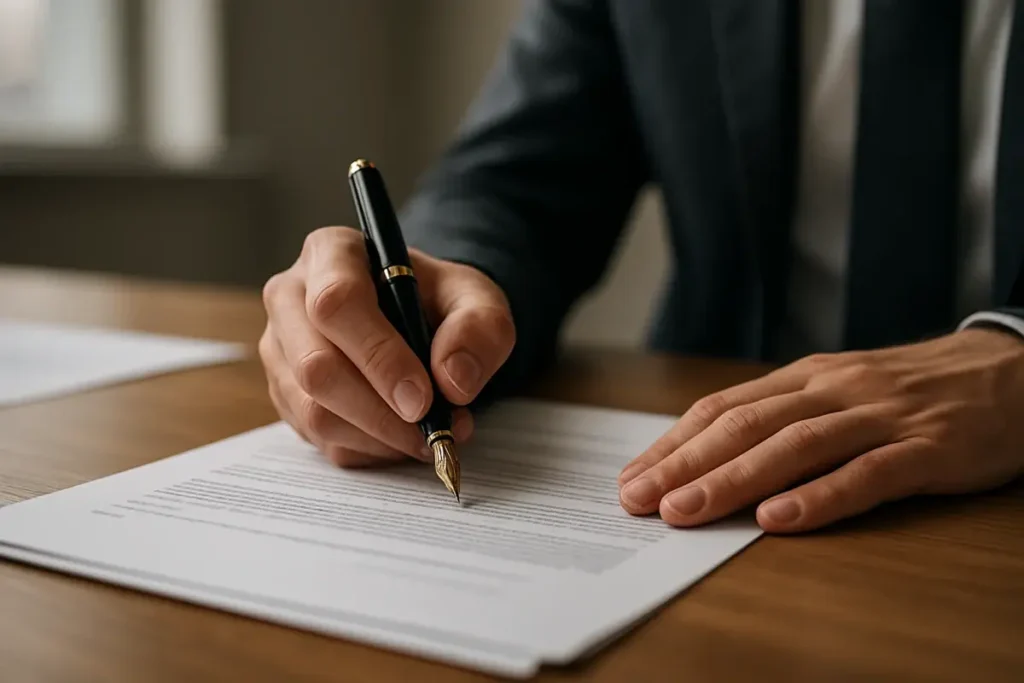 Signature d'un document financier dans un cadre professionnel