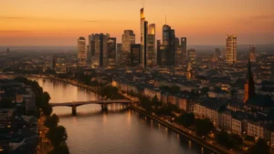 Skyline européen mêlant immeubles de bureaux et immobilier résidentiel au crépuscule