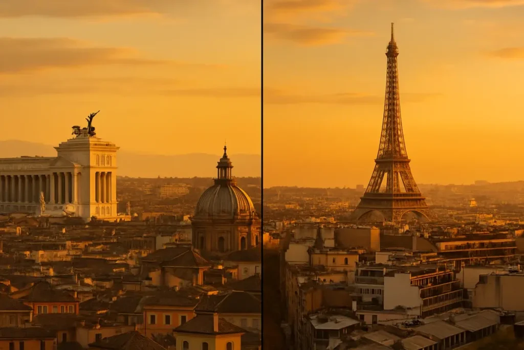 Skylines de Rome et Paris mis en regard au coucher de soleil