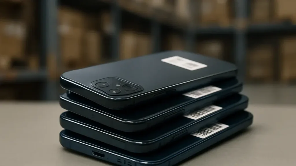 Smartphones empilés avec étiquettes de prix dans un entrepôt