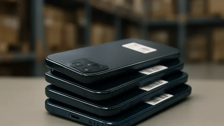 Smartphones empilés avec étiquettes de prix dans un entrepôt