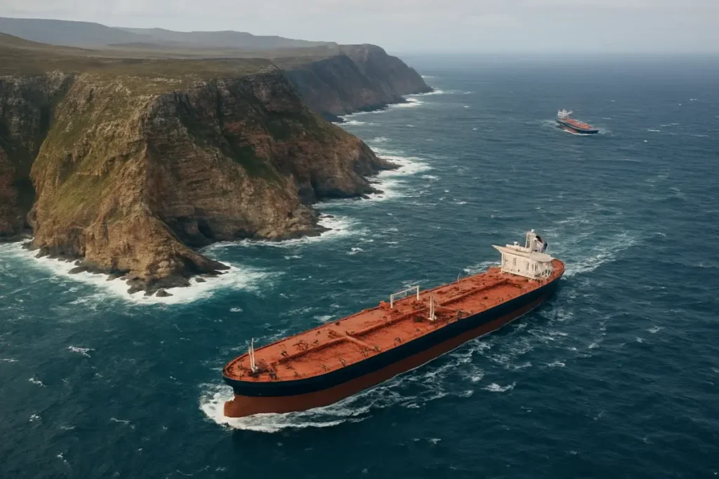 Supertanker contournant l'Afrique du Sud sur une route détournée