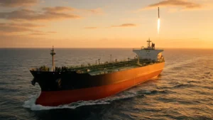 Supertanker pétrolier en mer avec lancement de fusée à l'horizon
