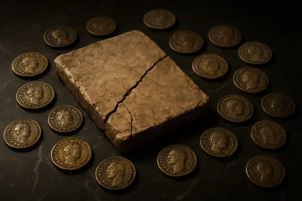 Tablette de pierre fissurée et pièces antiques évoquant la dévaluation monétaire