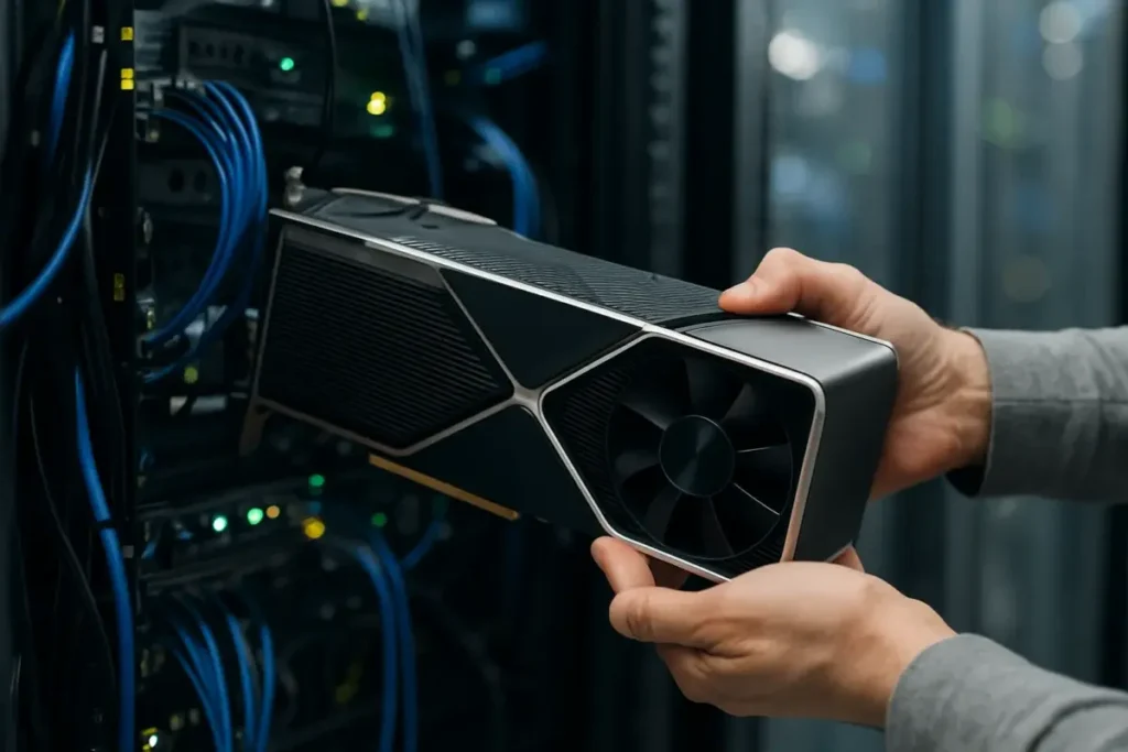 Technicien installant un serveur GPU dans une baie de centre de données