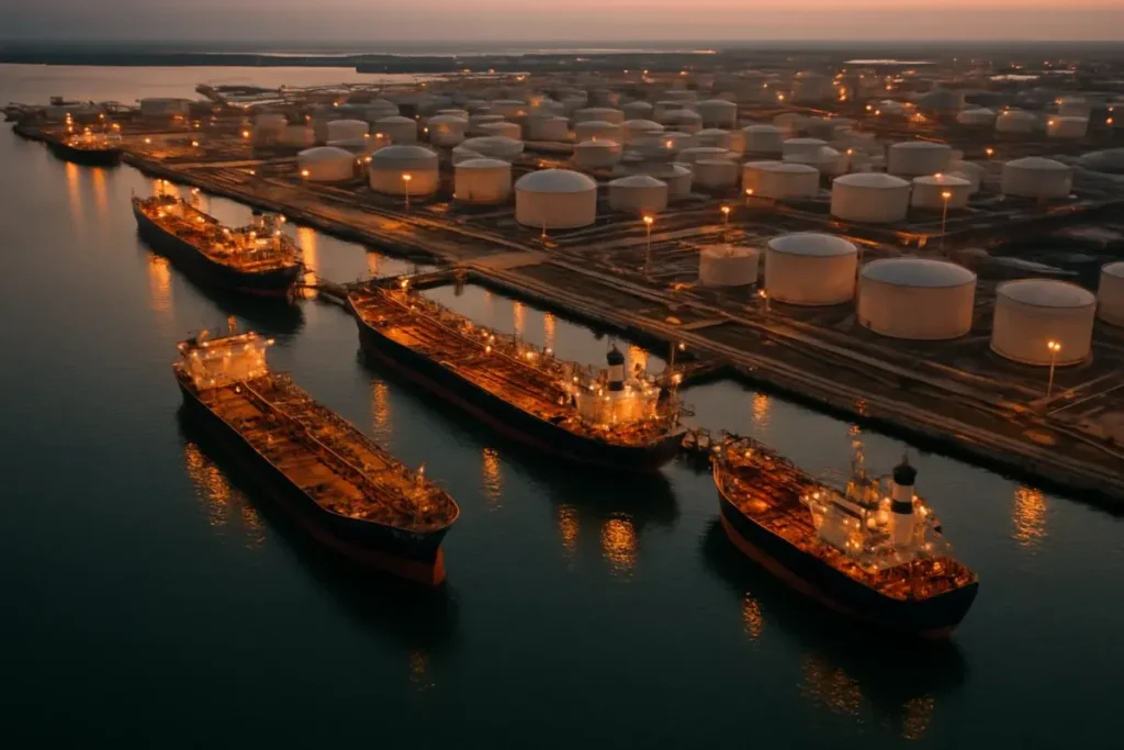Terminaux pétroliers portuaires vus du ciel au crépuscule