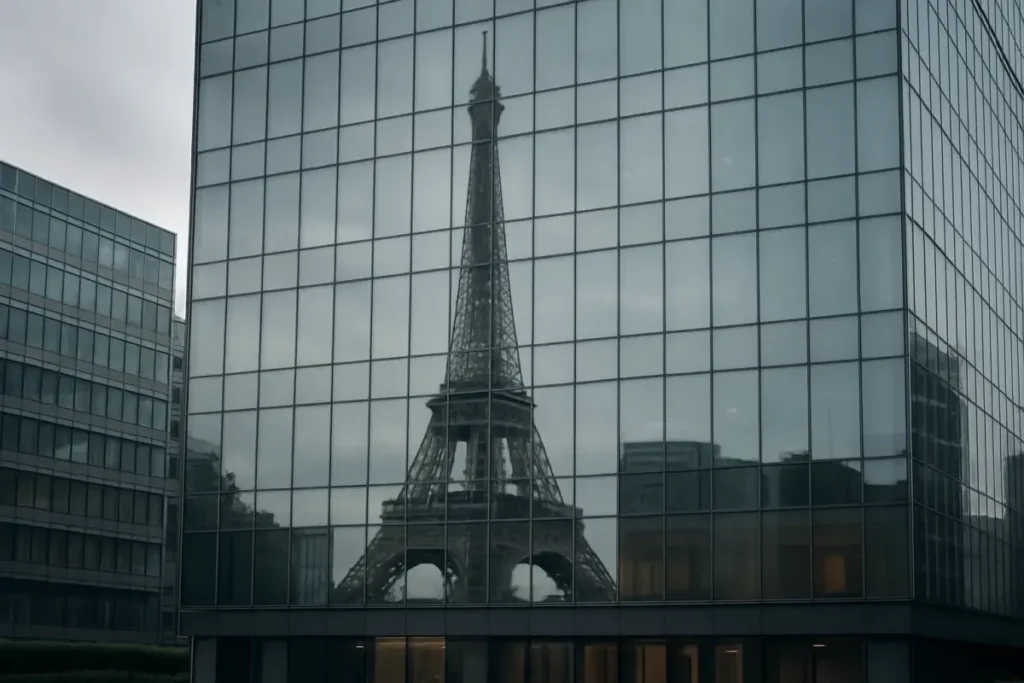 Tour Eiffel reflétée dans une façade de bureau parisien sous ciel couvert