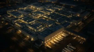 Usine de fabrication de puces électroniques vue du ciel de nuit