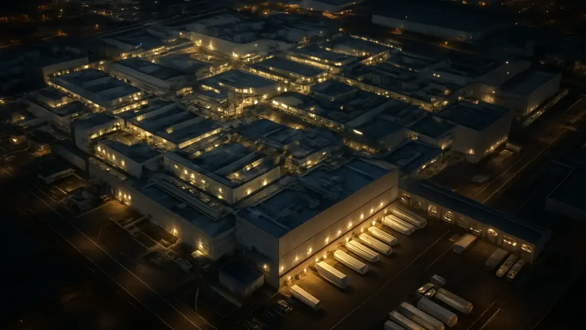 Usine de fabrication de puces électroniques vue du ciel de nuit