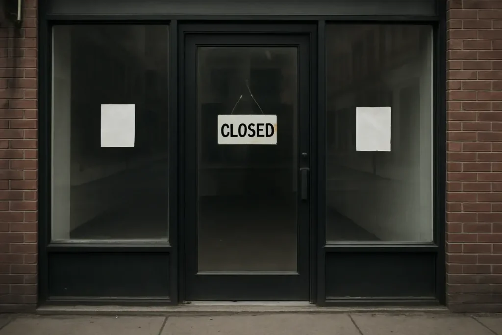 Vitrine commerciale fermée symbolisant la dissolution d'une SCPI en difficulté