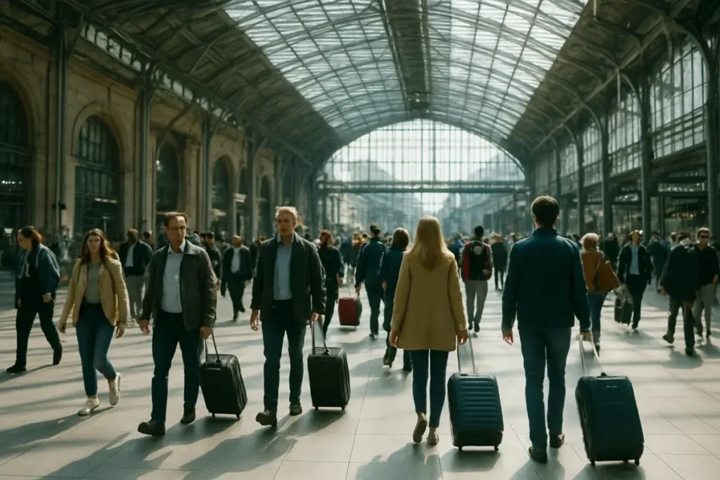 Voyageurs internationaux dans une gare européenne lumineuse