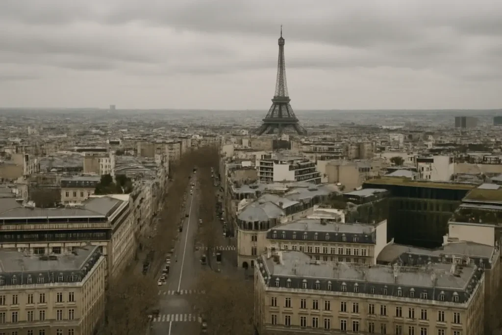 Vue aérienne de Paris sous ciel gris avec la Tour Eiffel en arrière-plan