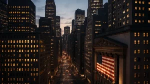 Vue aérienne de Wall Street au crépuscule, buildings financiers illuminés