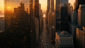 Vue aérienne de Wall Street au lever du soleil