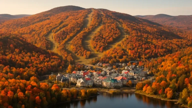 Vue aérienne du domaine skiable de Mont-Tremblant en automne au Québec