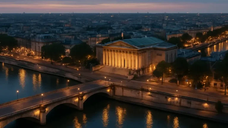 Vue aérienne du Palais Bourbon et de la Seine à Paris au crépuscule