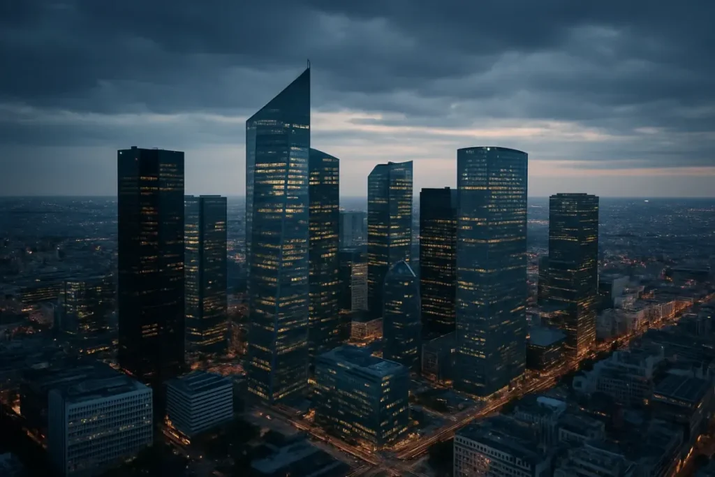 Vue aérienne du quartier d'affaires de La Défense à Paris au crépuscule