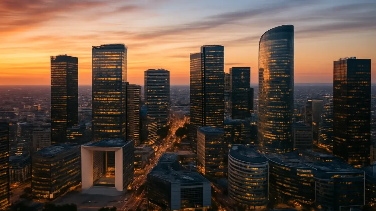 Vue aérienne du quartier financier de La Défense à Paris au crépuscule