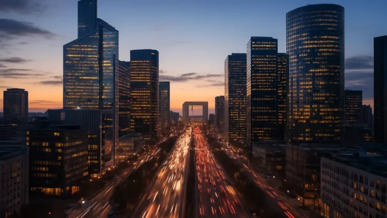 Vue aérienne du quartier financier de La Défense au crépuscule