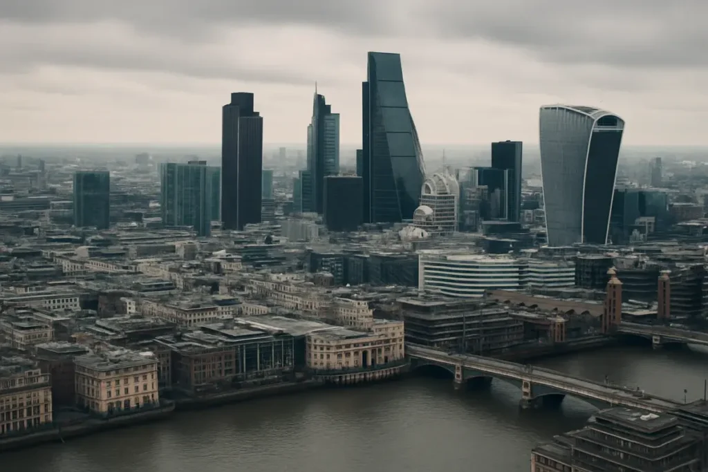 Vue aérienne du quartier financier de Londres et de la Tamise