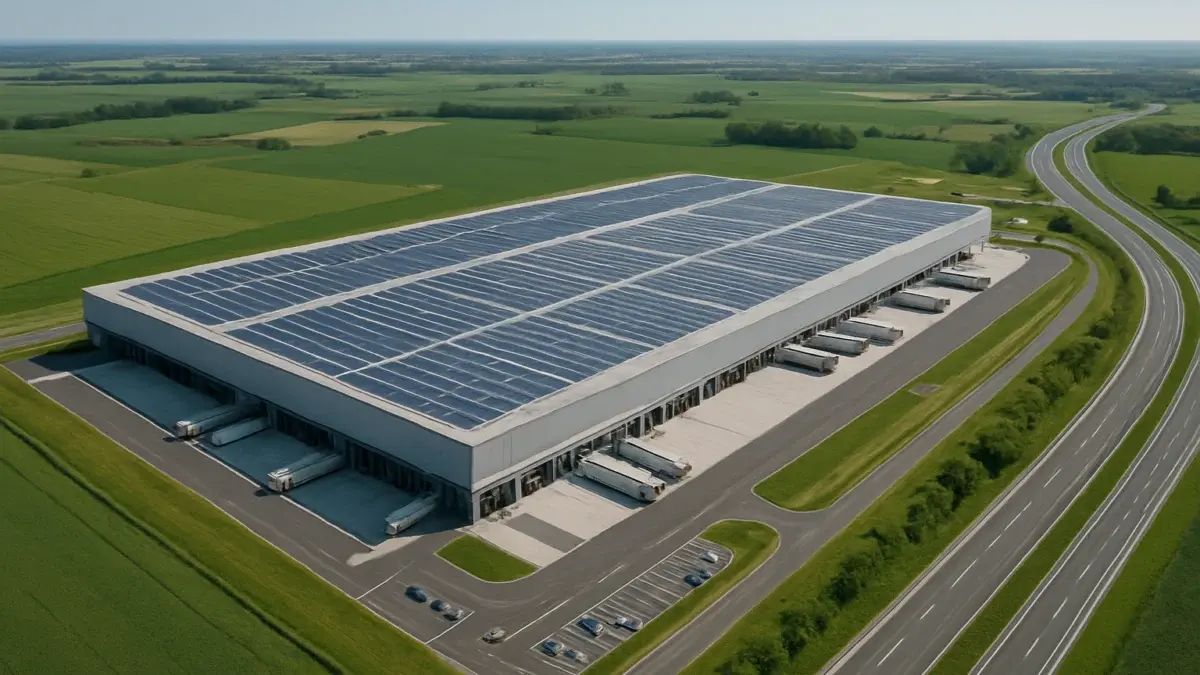 Vue aérienne d'un grand complexe d'entrepôts logistiques modernes en Europe