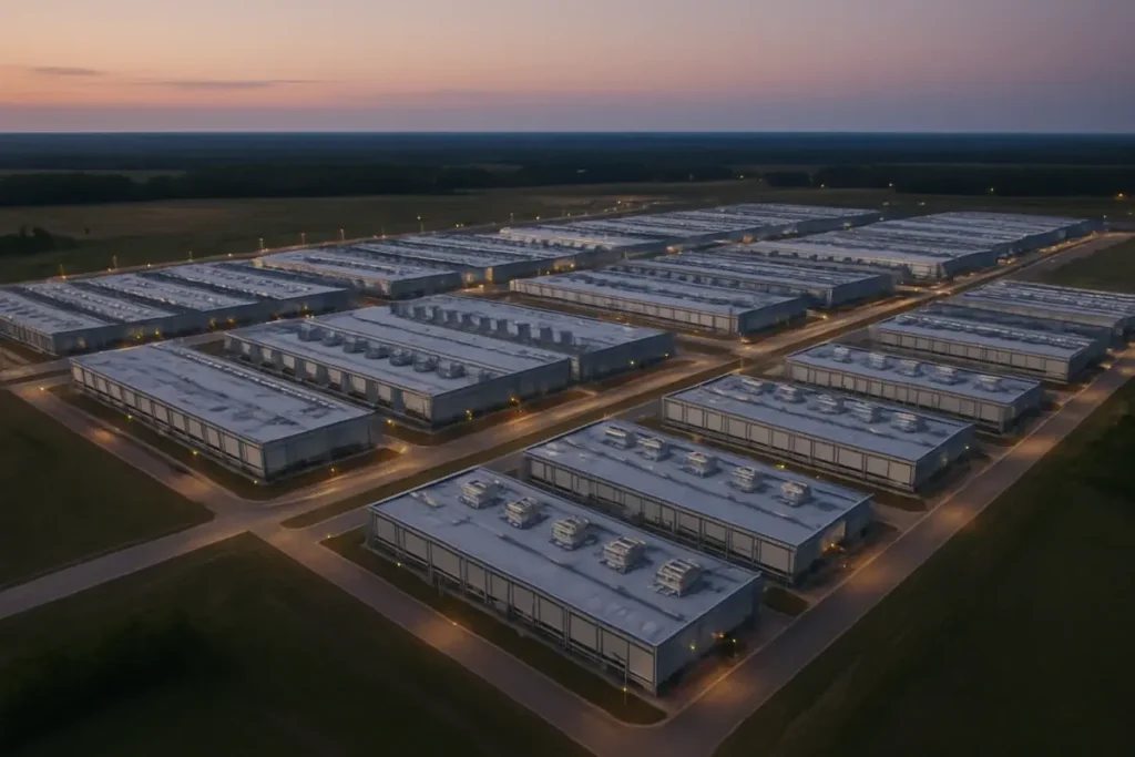 Vue aérienne d'un grand datacenter en construction au crépuscule