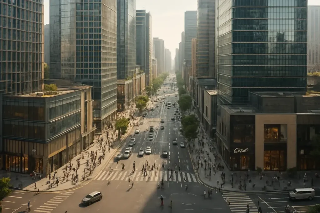 Vue aérienne d'un quartier commercial moderne dans une grande ville chinoise