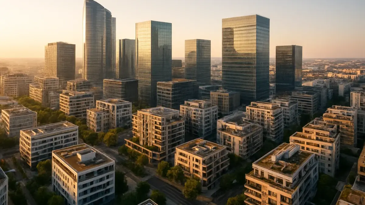 Vue aérienne d'un quartier d'affaires avec immeubles de bureaux et résidentiels