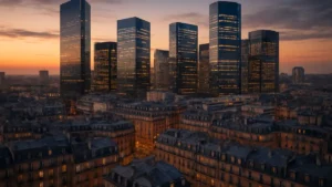 Vue aérienne d'un quartier d'affaires européen au crépuscule