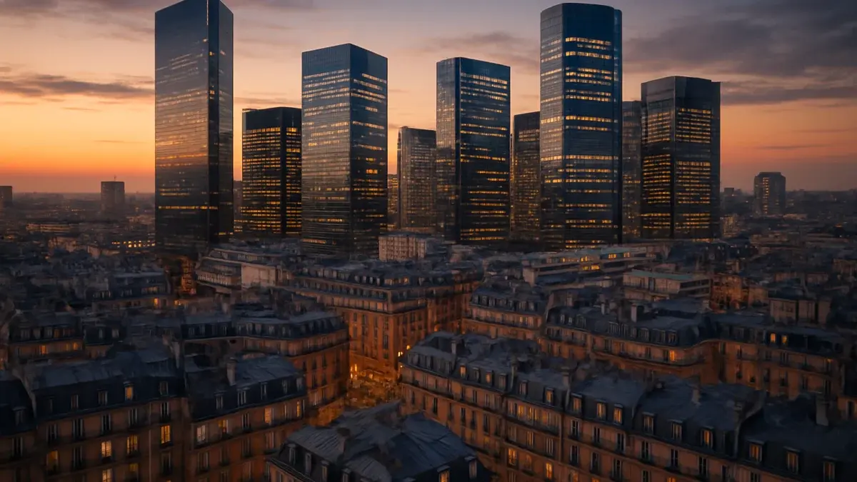 Vue aérienne d'un quartier d'affaires européen au crépuscule