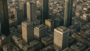 Vue aérienne d'un quartier d'affaires européen aux immeubles de bureaux