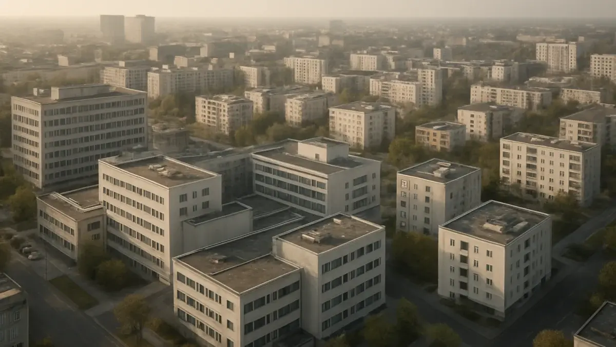 Vue aérienne d'un quartier d'affaires européen avec immeubles mixtes