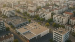 Vue aérienne d'un quartier mixte bureaux commerces et logements en France