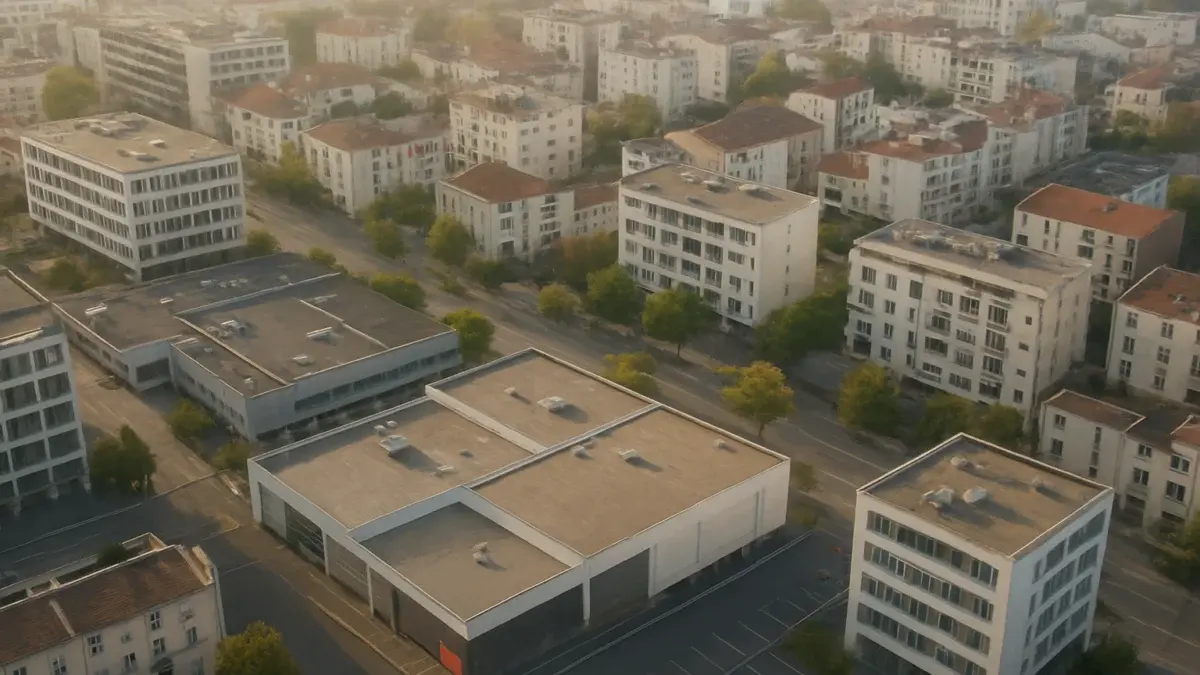 Vue aérienne d'un quartier mixte bureaux commerces et logements en France