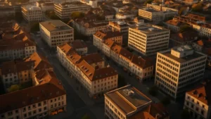 Vue aérienne d'un quartier mixte européen avec bureaux et commerces