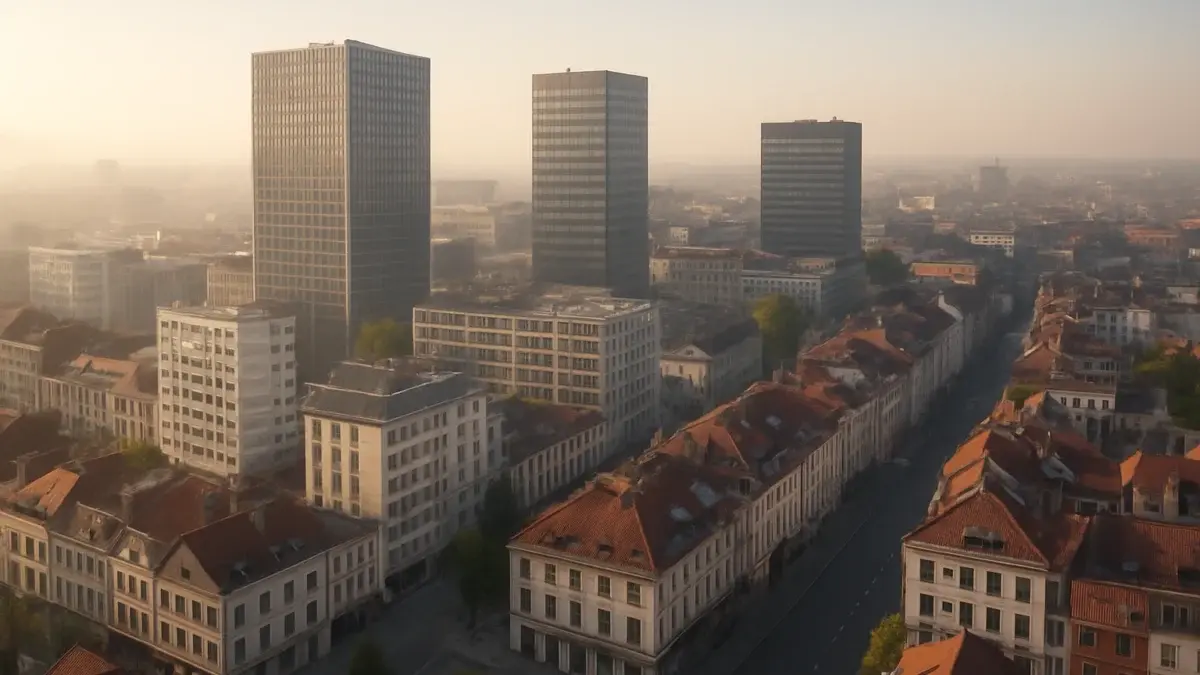 Vue aérienne d'un quartier mixte européen avec bureaux et immeubles résidentiels