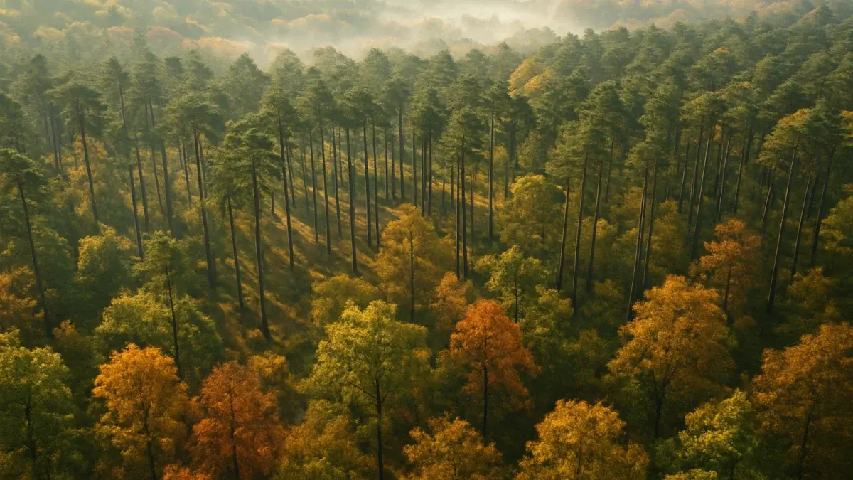 Vue aérienne d'une forêt française gérée en automne