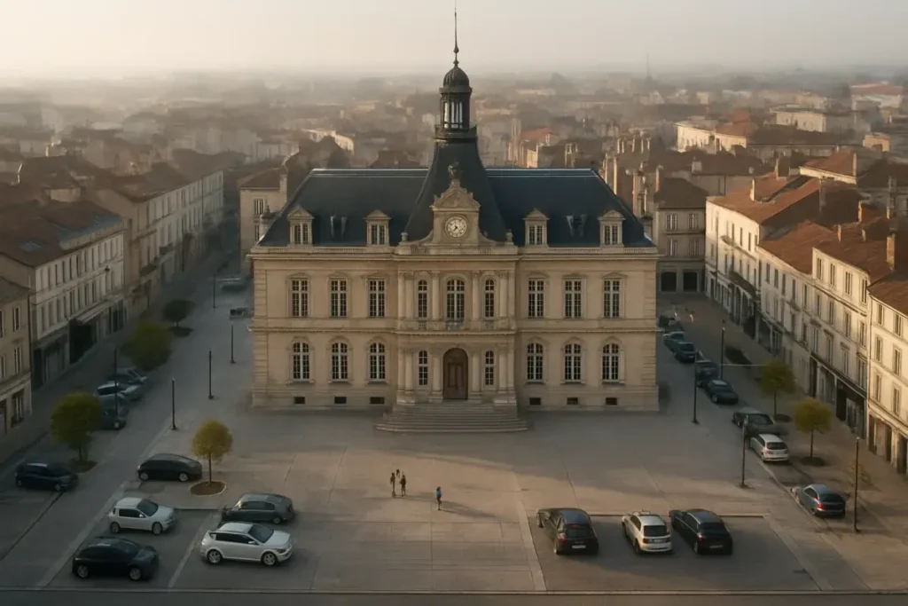 Vue aérienne d'une mairie française entourée d'une place publique animée