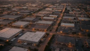 Vue aérienne d'une ville industrielle américaine de taille moyenne au crépuscule