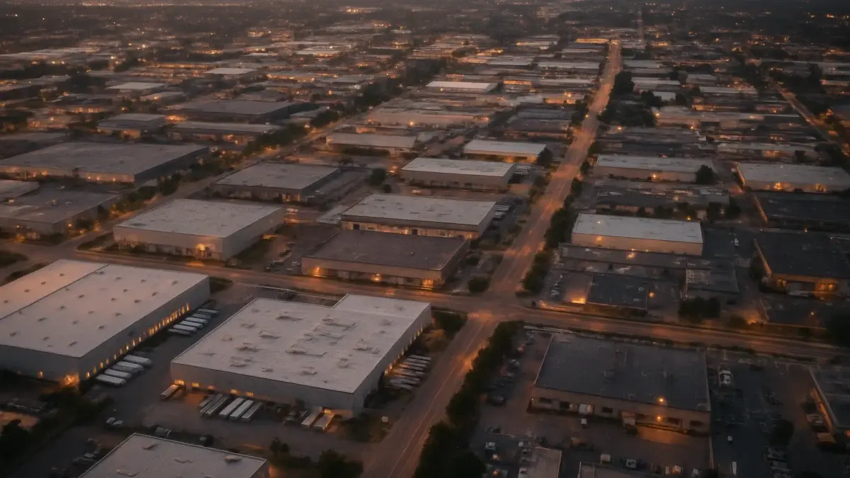 Vue aérienne d'une ville industrielle américaine de taille moyenne au crépuscule