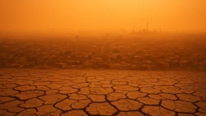Vue aérienne d'une ville sous canicule avec sol fissuré au premier plan